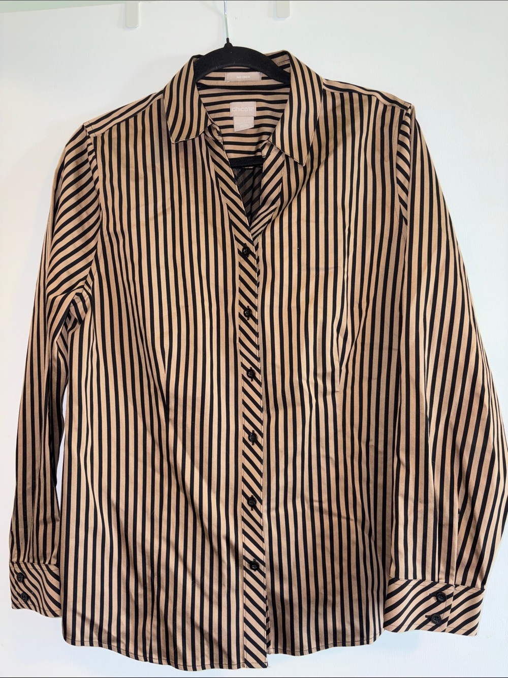 Chico's Black and Beige Striped Button-Front Blouse